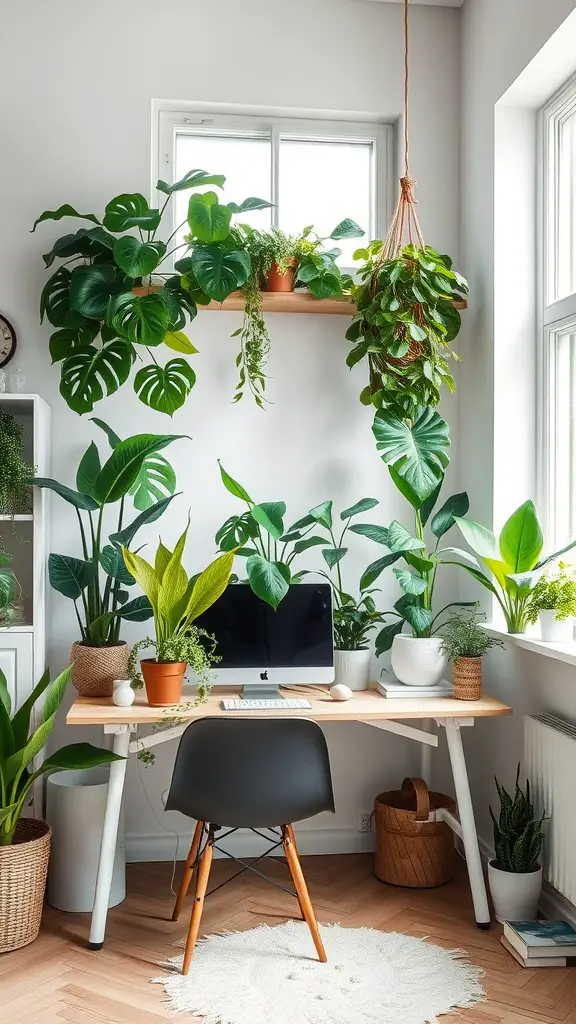 A modern home office with a desk, computer, and various greenery around the space.