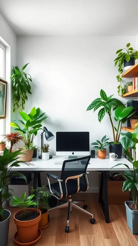 A home office with a desk, computer, and various indoor plants
