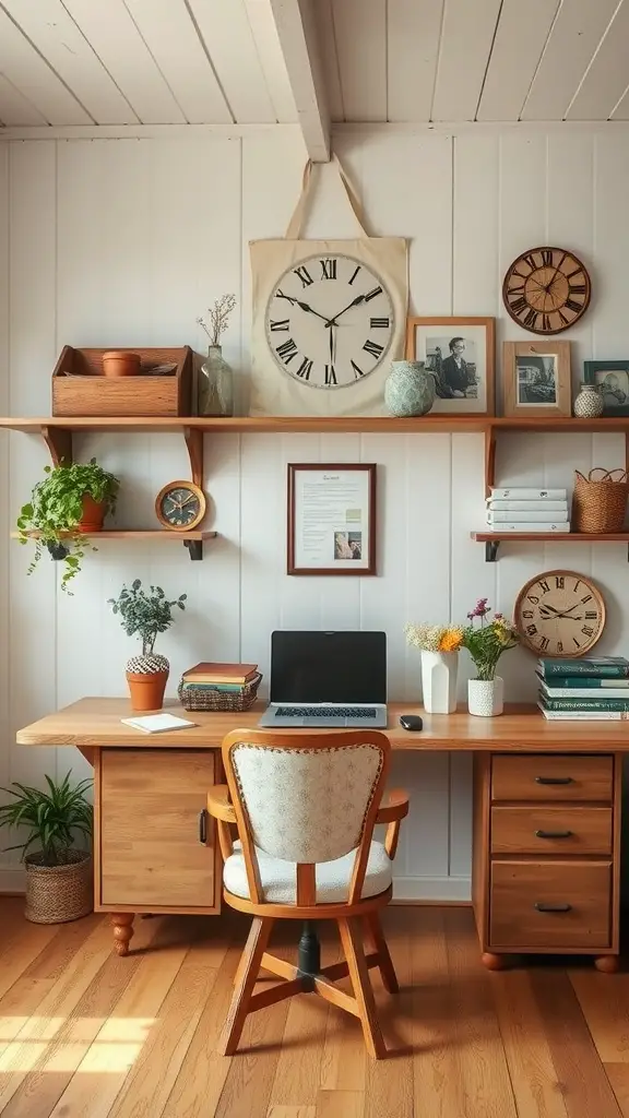 A farmhouse home office featuring a wooden desk, a comfortable chair, wall shelves with plants and decor, and a large wall clock.