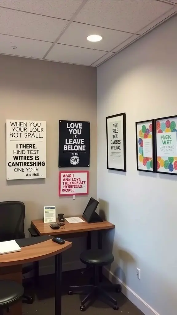 A cozy office corner with inspirational wall art and a simple desk setup.