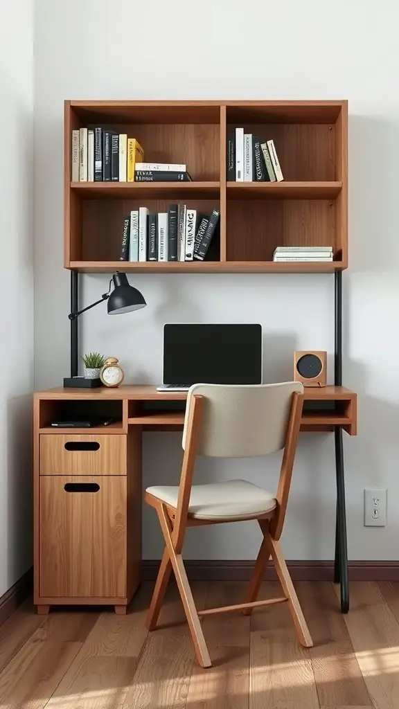 A small office setup featuring a wooden desk with shelves above and a chair.