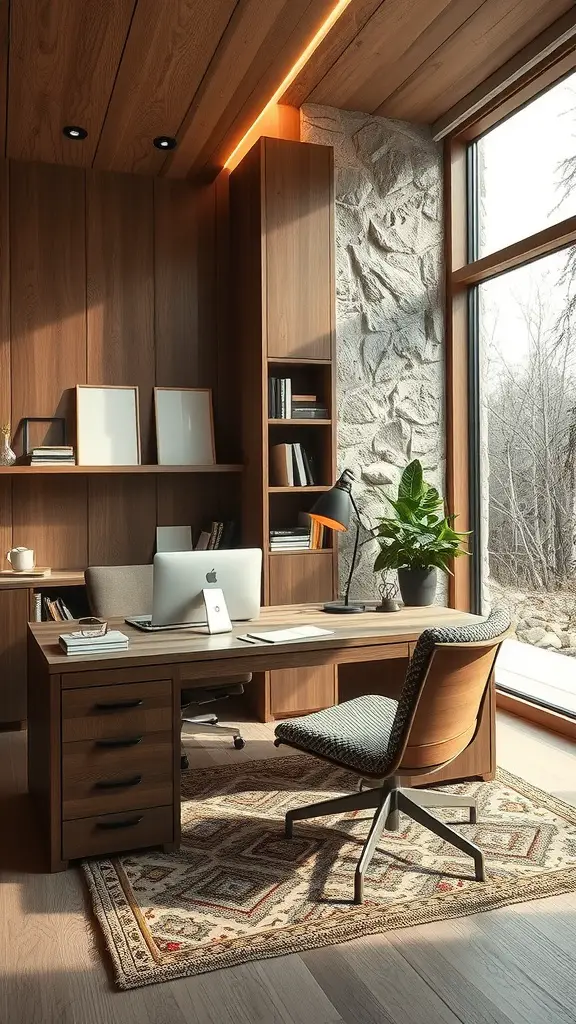 A modern home office featuring wooden walls, a stone wall, large windows, and a green plant on the desk.