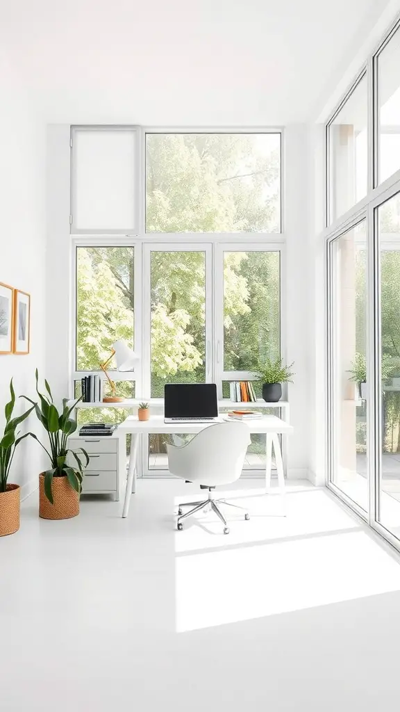 Bright home office with large windows and plants