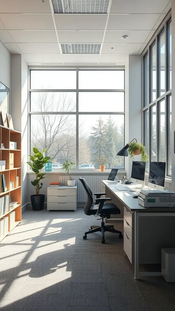 A bright small office with large windows, plants, and a modern desk setup.
