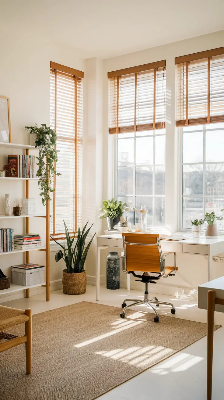 A bright modern home office with large windows letting in natural light.
