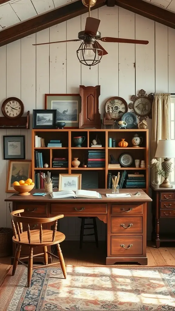 A warm farmhouse home office with a wooden desk, shelves filled with books, and personal memorabilia like clocks and framed pictures.
