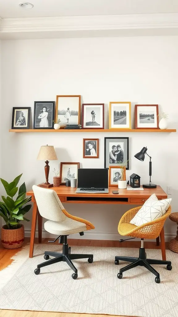 Home office with personal touches including photo frames, plants, and comfortable chairs.