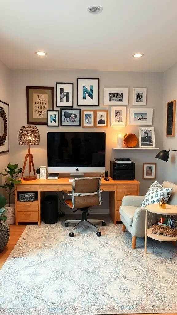 A cozy home office and TV room combo featuring a desk, computer, decorative lamp, and a wall of framed pictures.