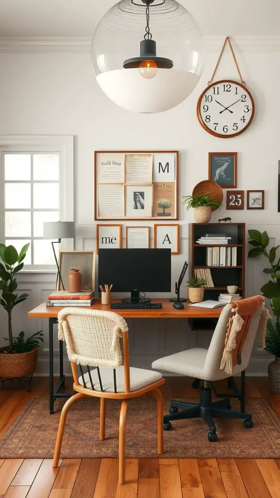 A cozy farmhouse home office featuring a wooden desk, decorative wall art, and indoor plants.