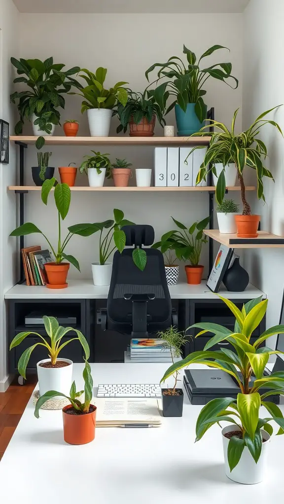A small office space featuring a desk, chair, and shelves filled with various indoor plants.