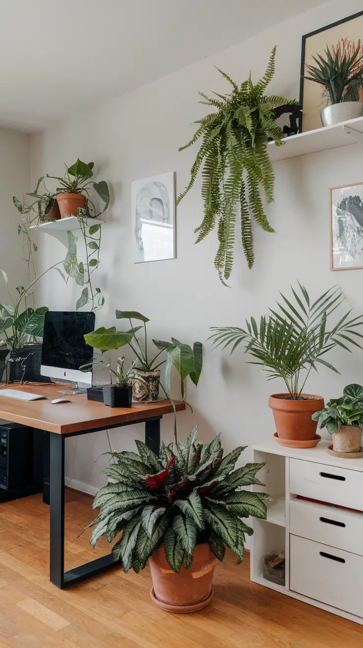 A modern home office featuring various plants, including hanging ferns and tabletop greenery, enhancing the workspace's aesthetic and wellness.