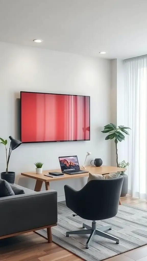 Cozy home office space with a TV, desk, chair, and plants