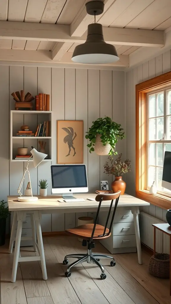 A cozy farmhouse home office featuring soft lighting with a wooden desk, plants, and a computer, creating an inviting workspace.