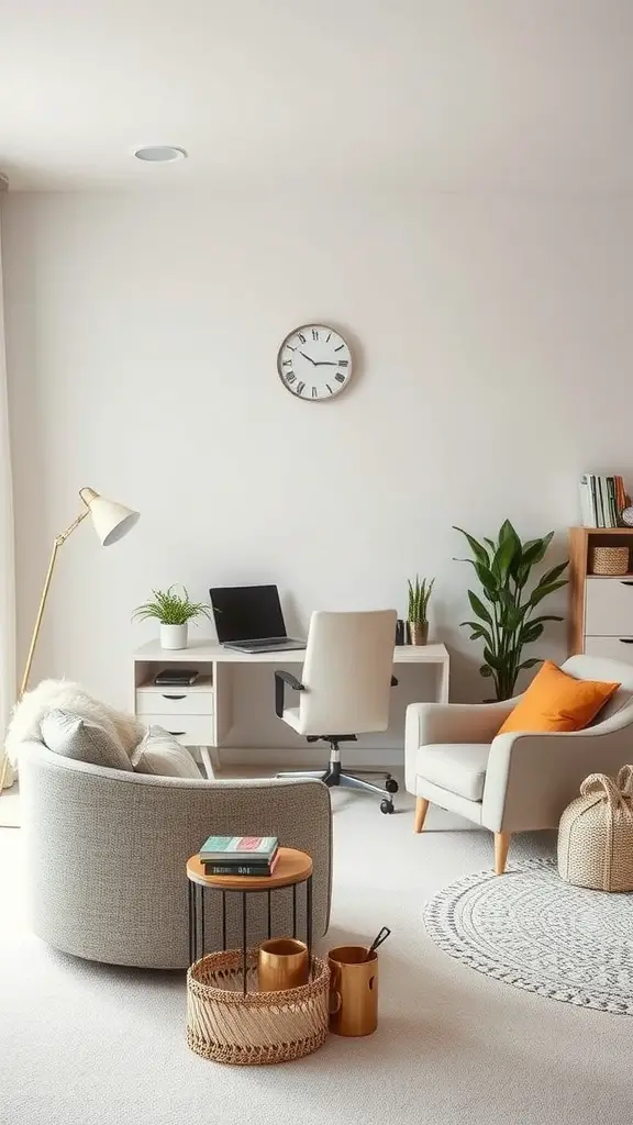 A neutral home office featuring soft seating, a desk, and plants, creating a calm workspace.