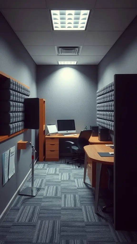 A small office with sound-absorbing walls and a tidy workspace for focused work.