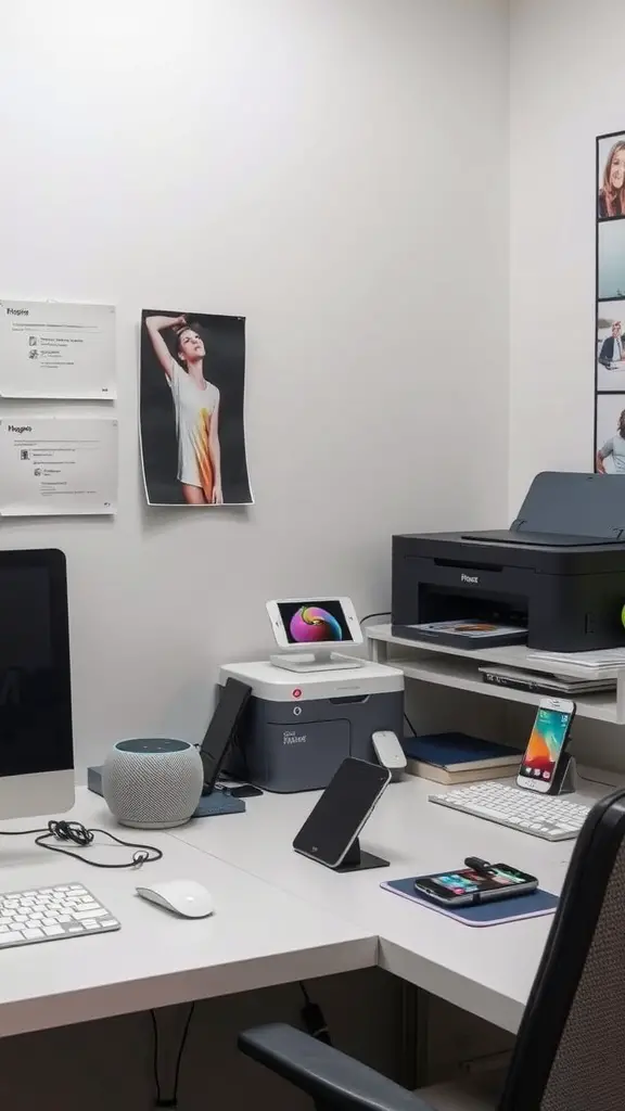 A small office setup with a desktop computer, mobile devices, a printer, and a smart speaker.