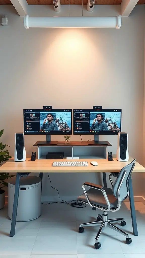 A modern small office setup featuring dual monitors, speakers, and an ergonomic chair