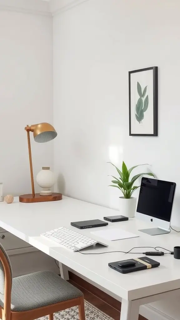 A modern home office featuring a sleek desk, computer, and decorative elements like a plant and framed art.