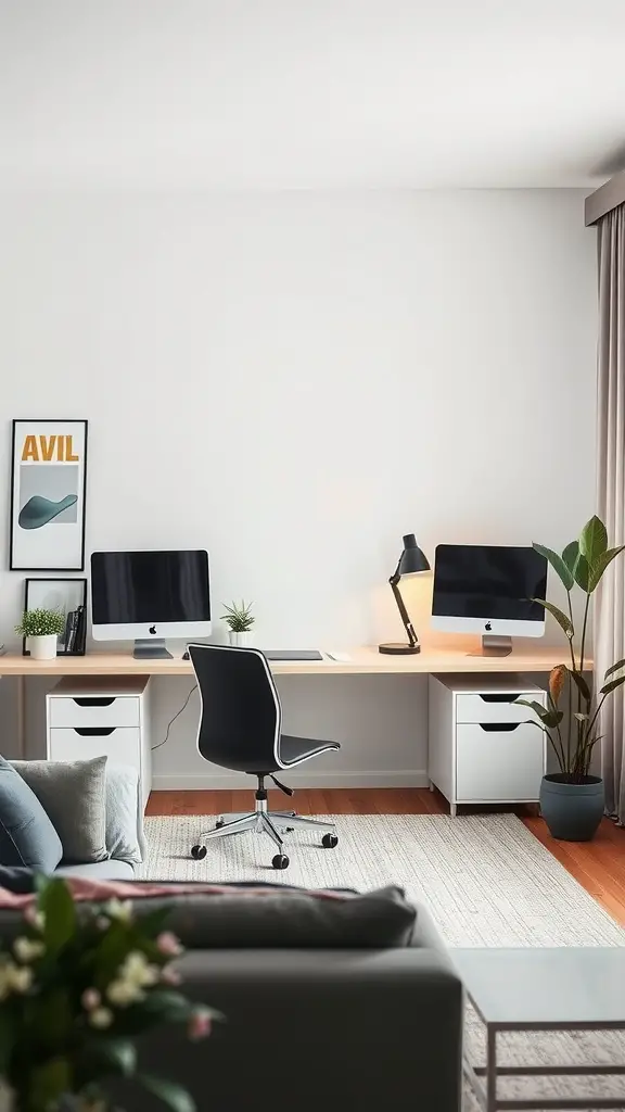 A modern home office with two monitors, a stylish desk lamp, a comfortable chair, and a potted plant.