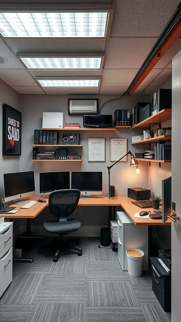 A modern basement office setup with multiple computer monitors, warm wood desk, and organized shelves.