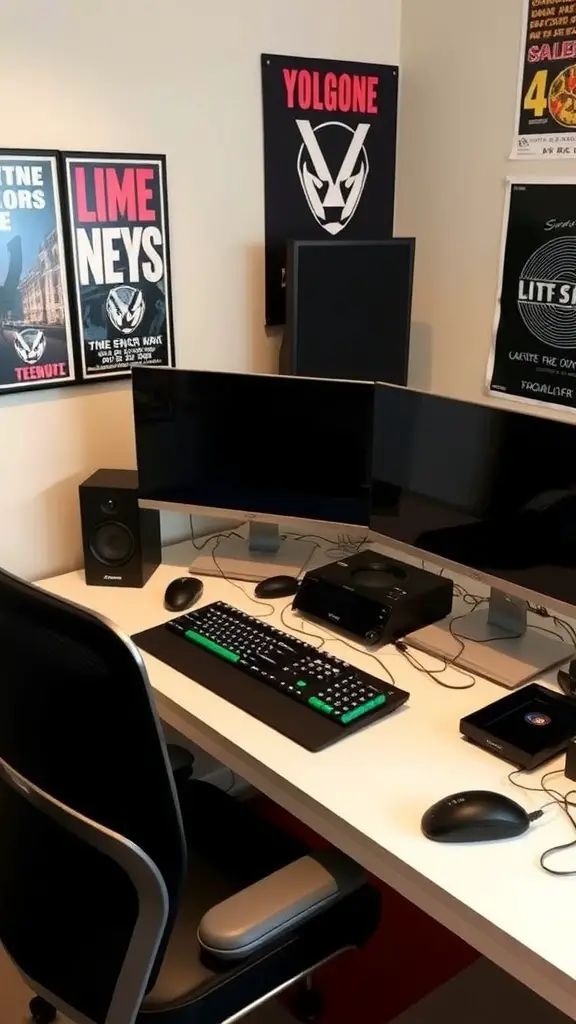 A small office setup featuring multiple monitors, audio equipment, and a modern chair, with decorative posters on the wall.