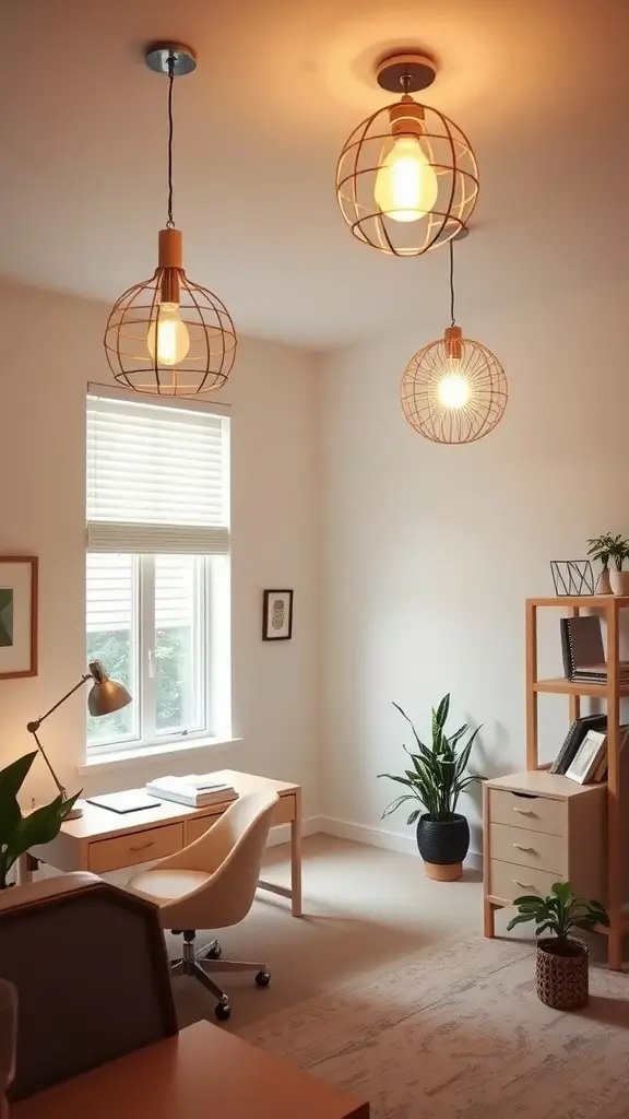 A neutral home office with unique pendant lighting fixtures and wooden furniture.