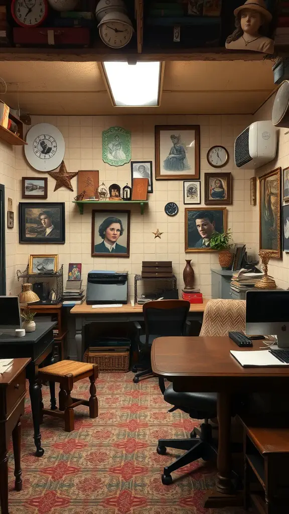 A vintage-inspired home office with framed portraits, clocks, and wooden furniture.