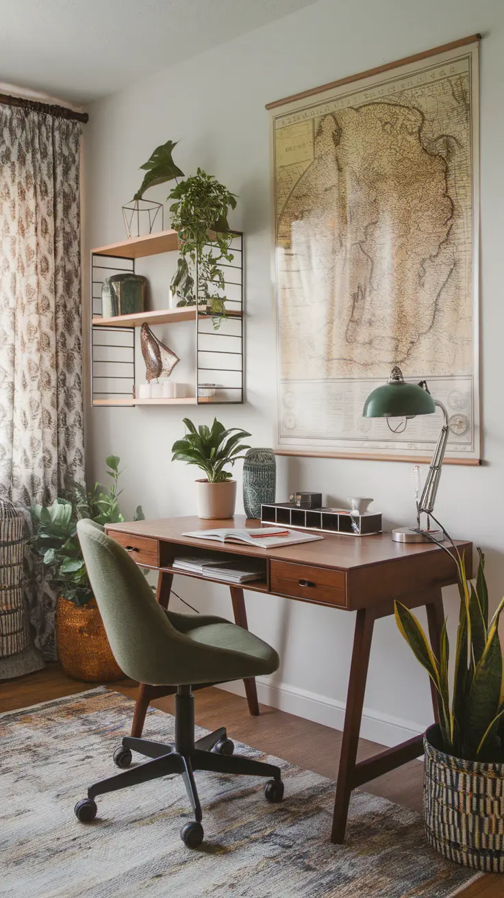A cozy modern home office featuring a vintage wooden desk, plants, and vintage wall art.