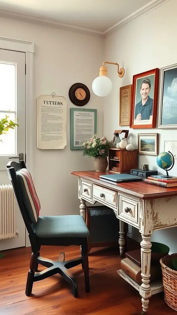 A cozy farmhouse home office with vintage furniture, including a rustic desk and a striped chair.
