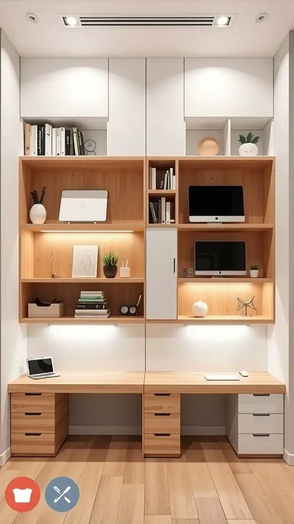 Modern built-in office desks with shelving and lighting