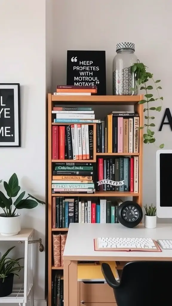 A cozy home office bookshelf filled with various books, a motivational quote on a black board, a jar of plants, and decorative elements.