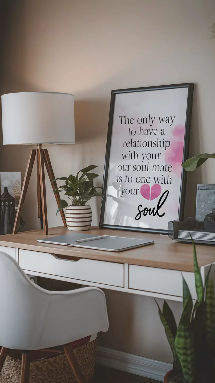 Framed inspirational love quote on a desk with a lamp and notebook.