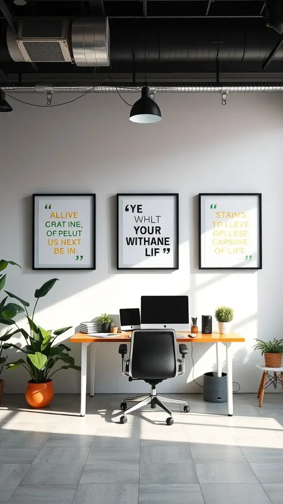 A modern home office featuring a desk with a computer, surrounded by framed inspirational quotes on the wall and green plants.