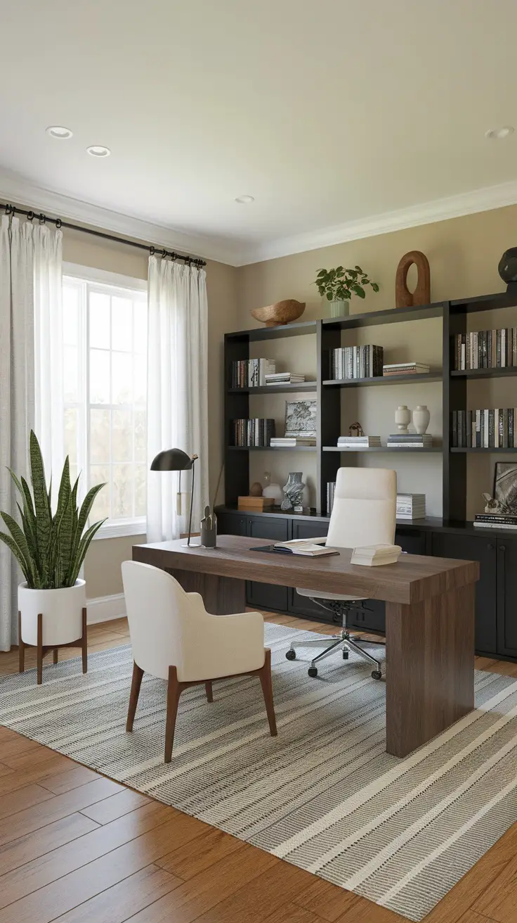 Modern home office with a spacious desk, ergonomic chair, and bookshelf.