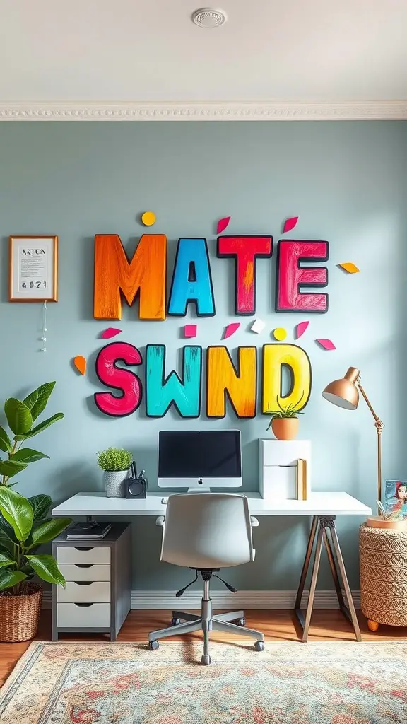 A bright and colorful wall art display featuring the words 'MATE SWND' in large letters above a home office desk with a computer and plants.
