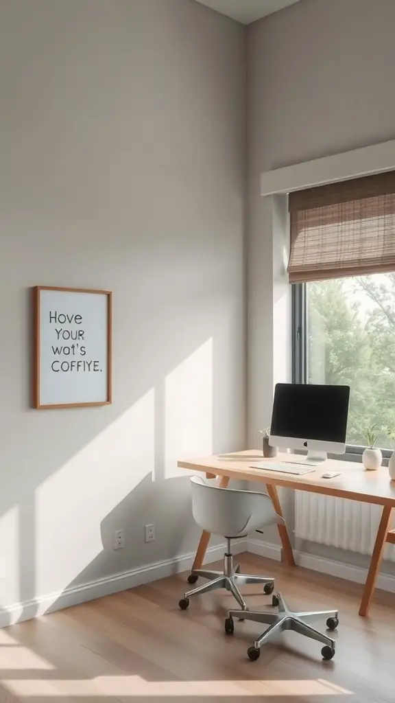 A bright and neutral home office with a wooden desk, a comfortable chair, and a window with a view.