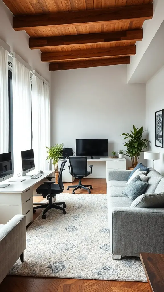 A cozy home office space featuring a comfortable sofa and ergonomic office chairs.