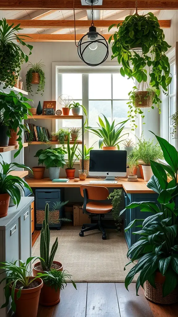 A farmhouse home office filled with various indoor plants, creating a fresh and inviting workspace.