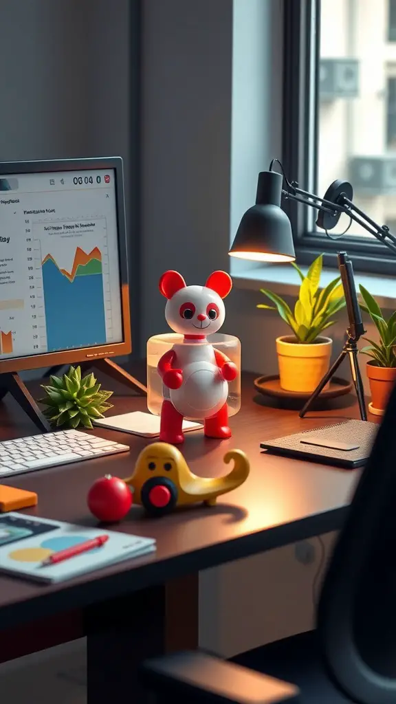Modern office desk setup with computers and potential space for interactive desk toys.