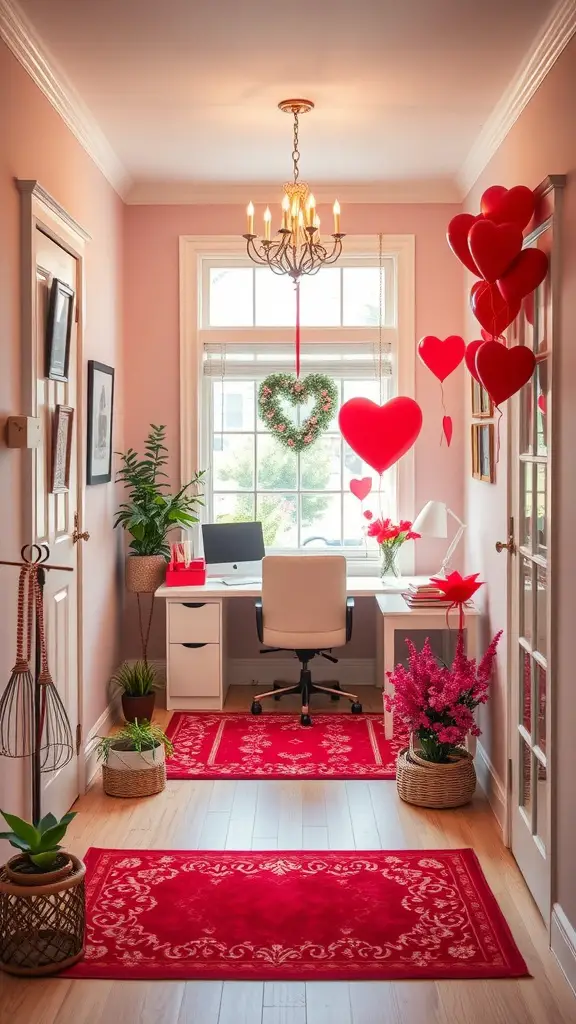 A colorful entryway decorated for Valentine's Day with red hearts, a heart-shaped wreath, and plants.