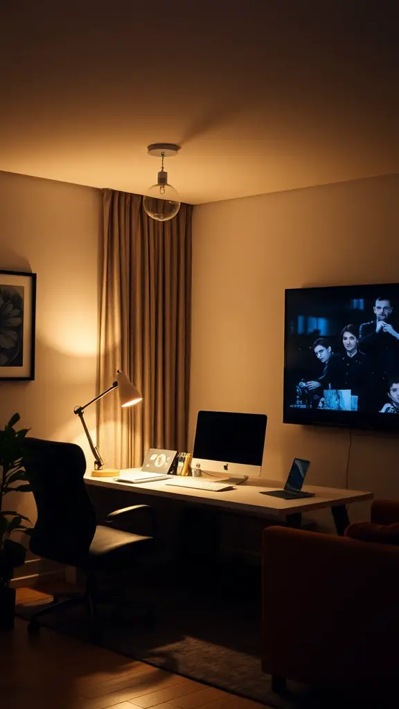 A cozy home office with a TV, featuring warm layered lighting from a ceiling fixture and a desk lamp.