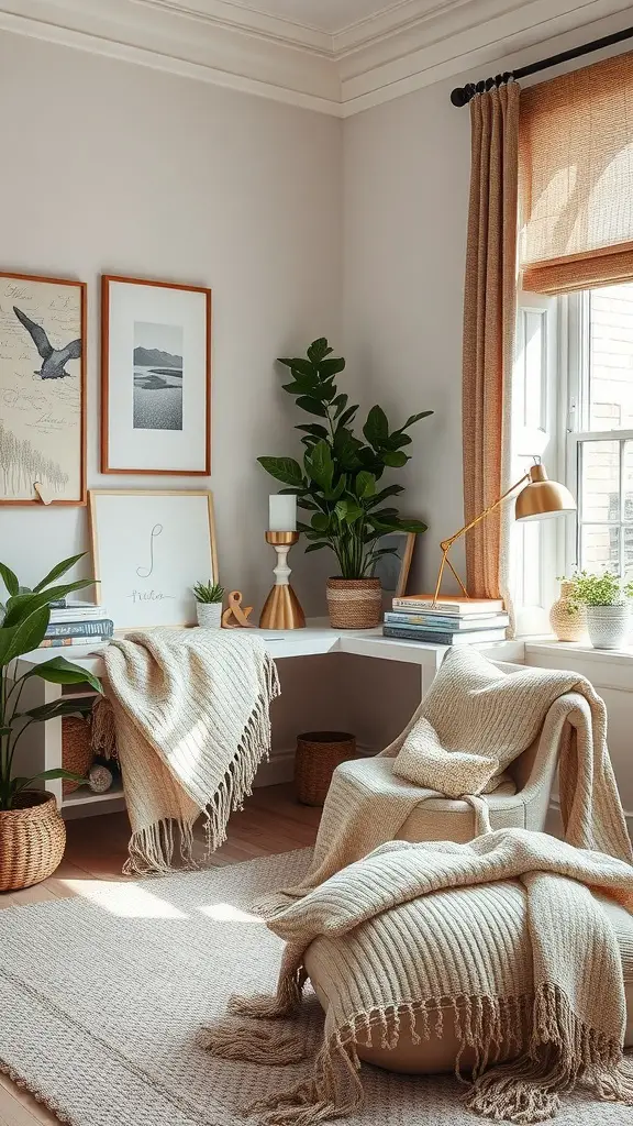 A cozy home office with layered fabrics, plants, and warm lighting