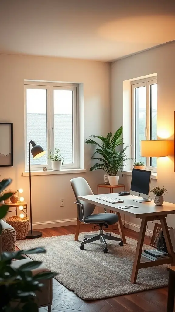 A well-lit home office with natural light and stylish decor.