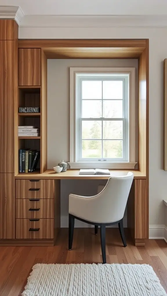 A well-organized built-in office desk with wooden finish, computer, and chair.