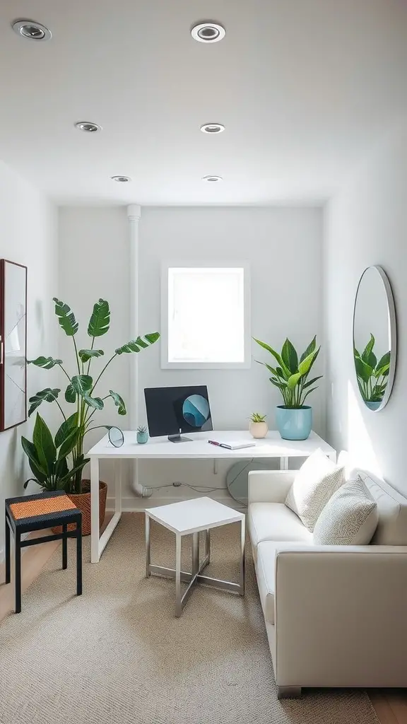 A bright, modern basement office with large windows, white walls, and stylish furniture.