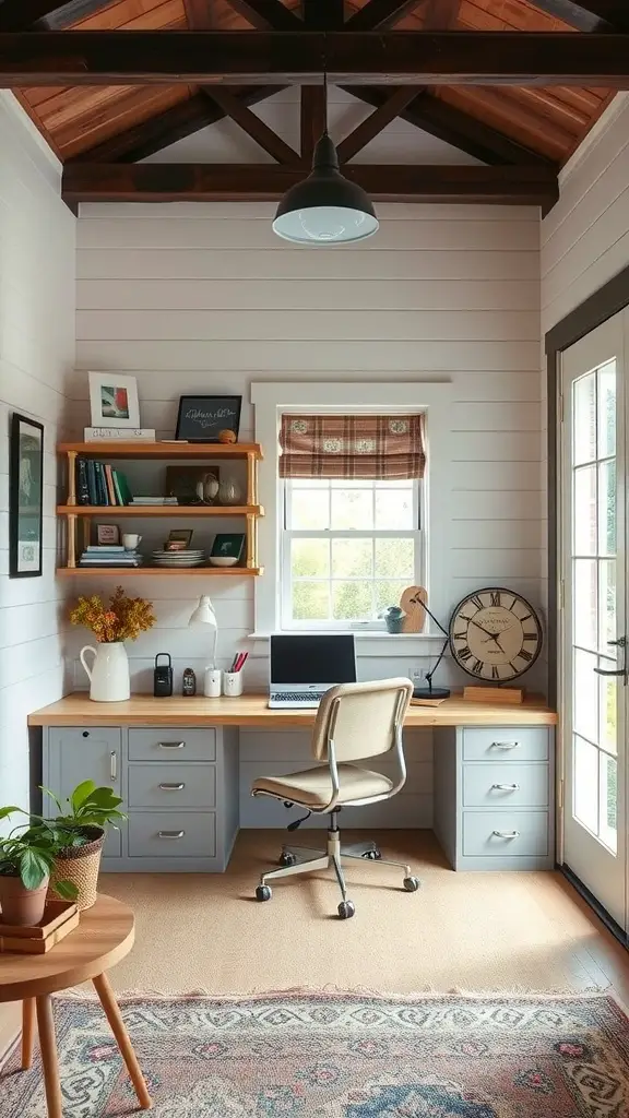 A cozy farmhouse home office featuring a wooden desk, ergonomic chair, shelves with books, and a bright window.