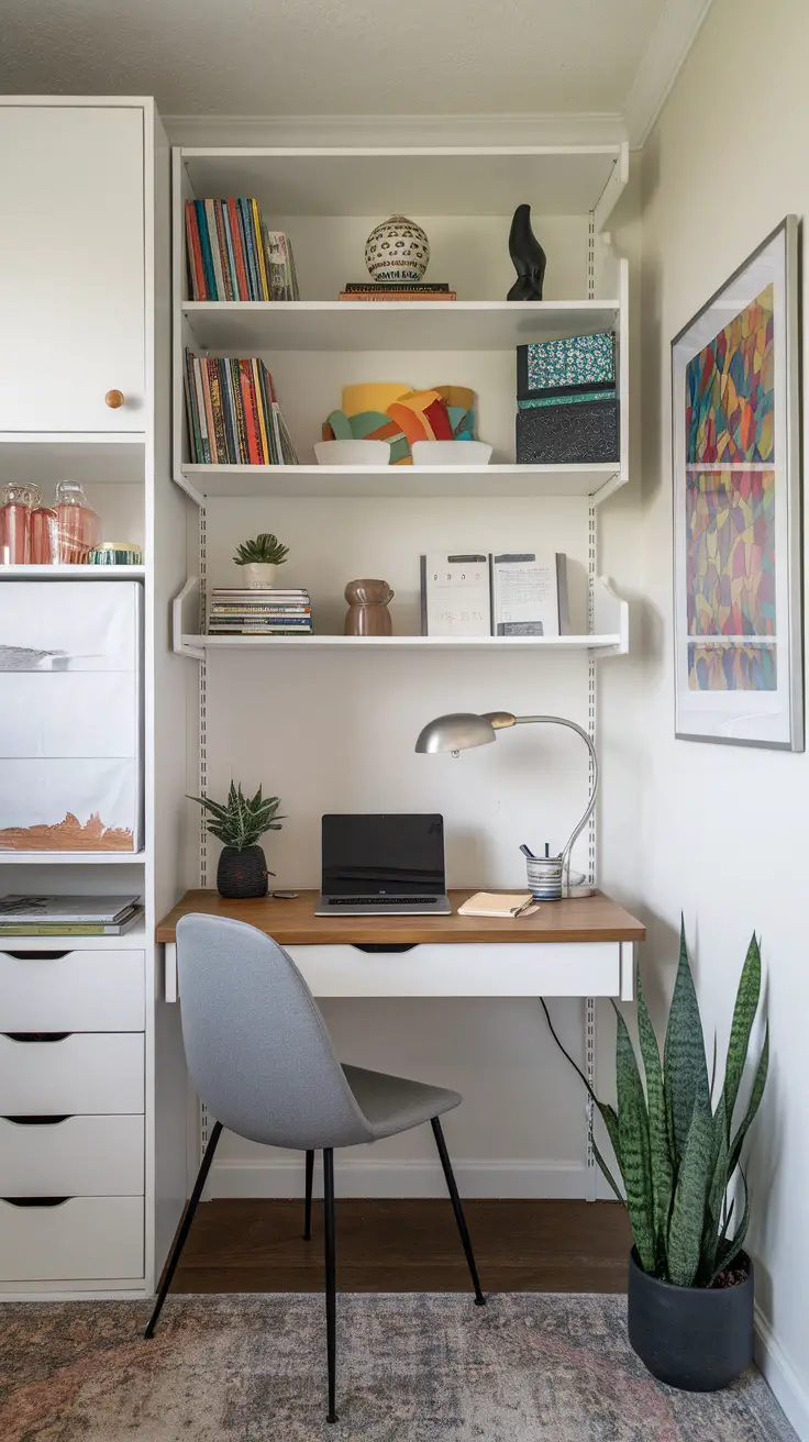 A small, modern home office setup featuring a desk, shelves and plants.