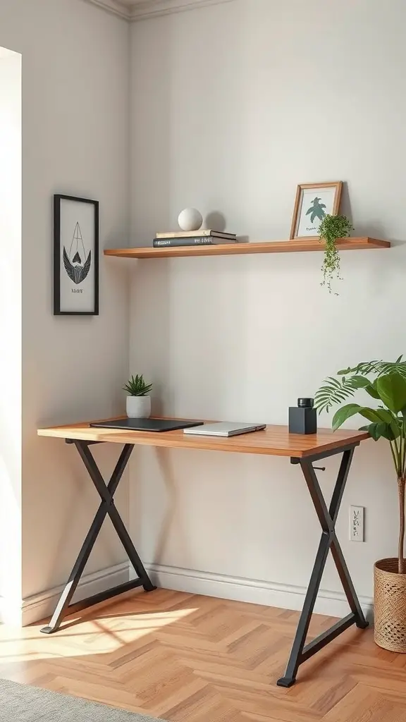 A foldable desk in a bright corner with a plant and decorative items on the shelf.