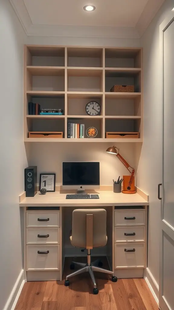 A cozy built-in office desk setup with storage shelves, a computer, and a lamp.