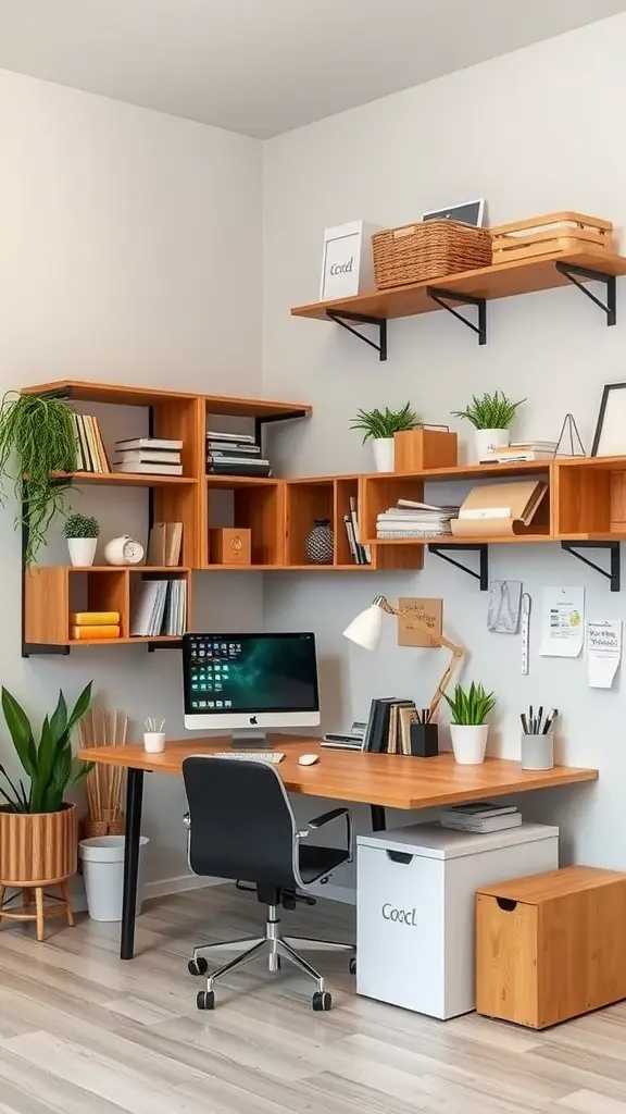 A small office with wooden shelves, a desk, and plants, showcasing the use of vertical space.